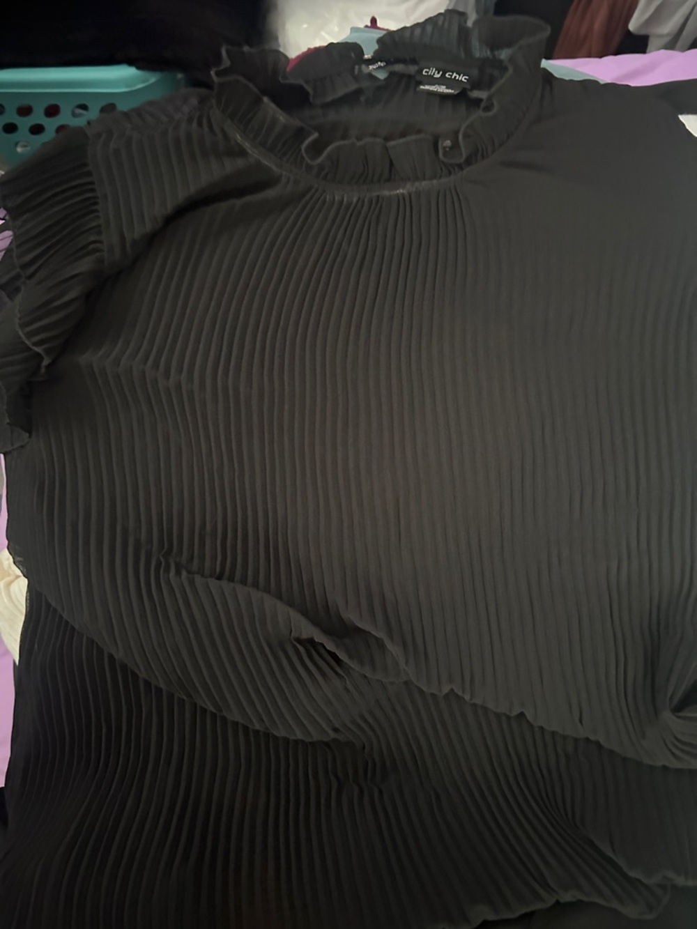 City Chic Black Pleated Ruffle Neck Blouse that’s see through